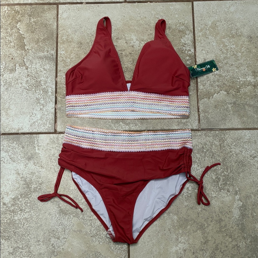 Maroon Two-Piece Bikini Set with Textured Stripe Band